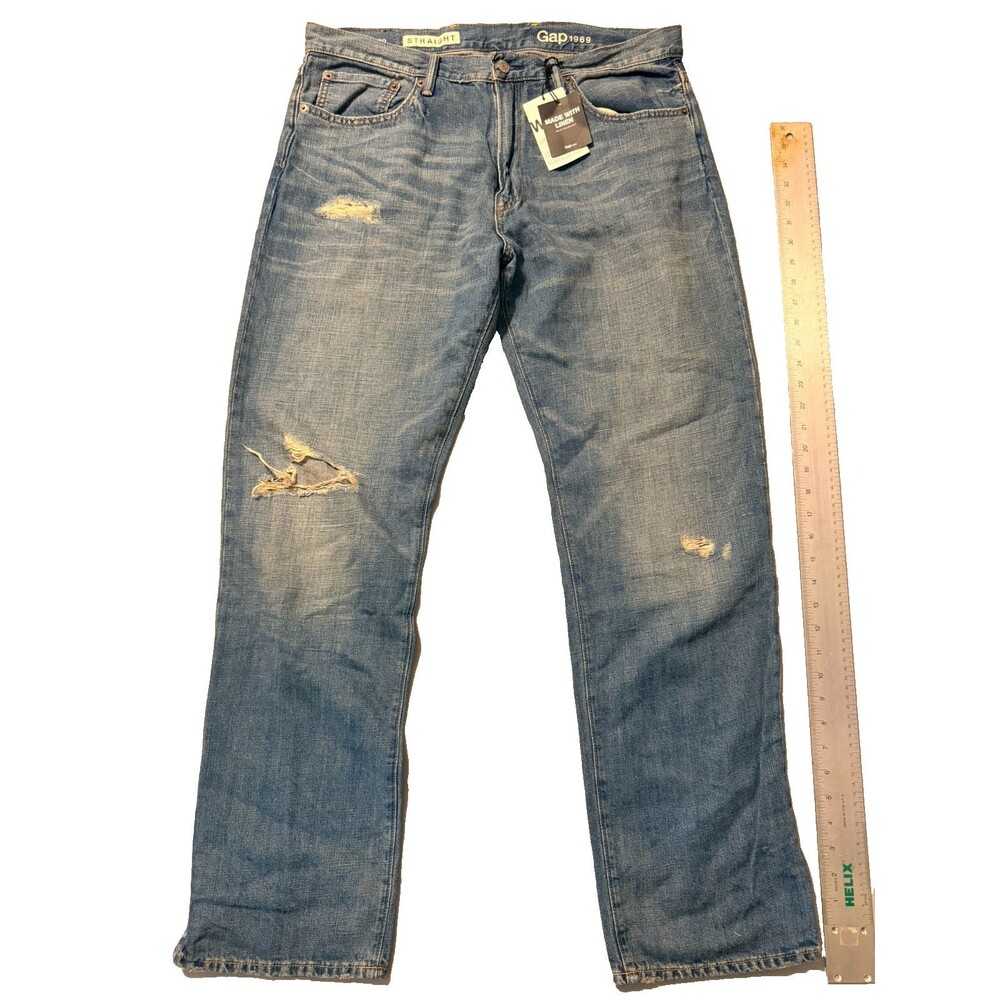 GAP 1969 Mens Straight Jeans 36x32 Blue Linen Blend Distressed Ripped NWT